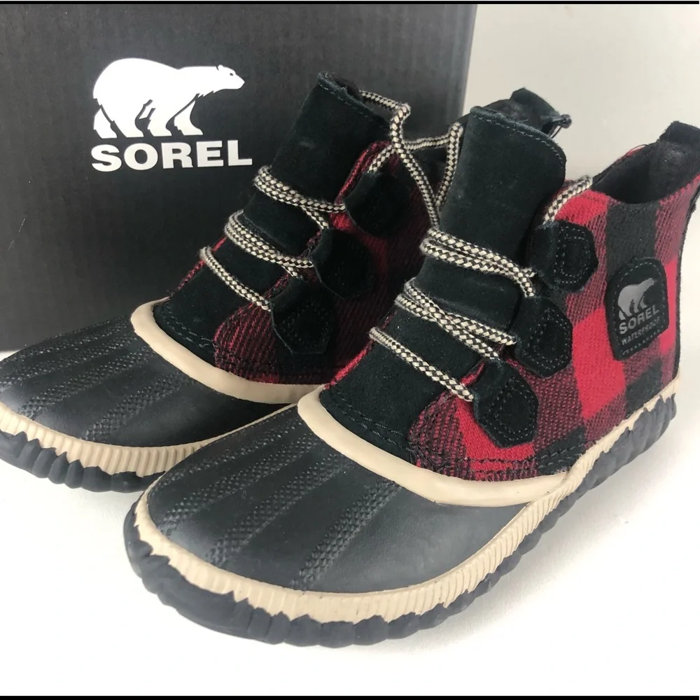 Sorel Out N About Plus Buffalo Plaid Textile & Suede Waterproof Booties Boots - Picture 2 of 9